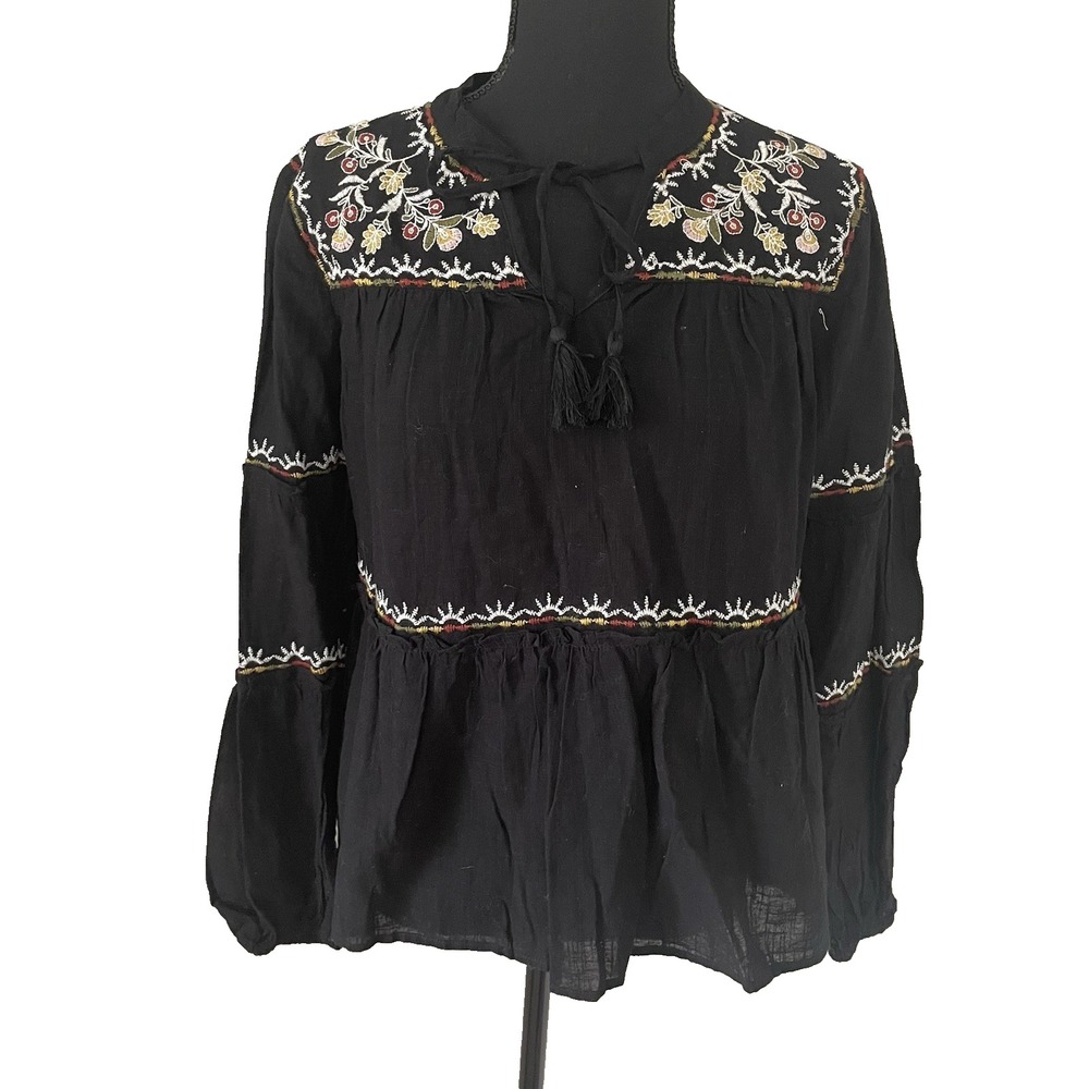 NWT REBELLION AGAIN Womens Sz M Black Embroidered Tassel Tie Top Boho Festival
